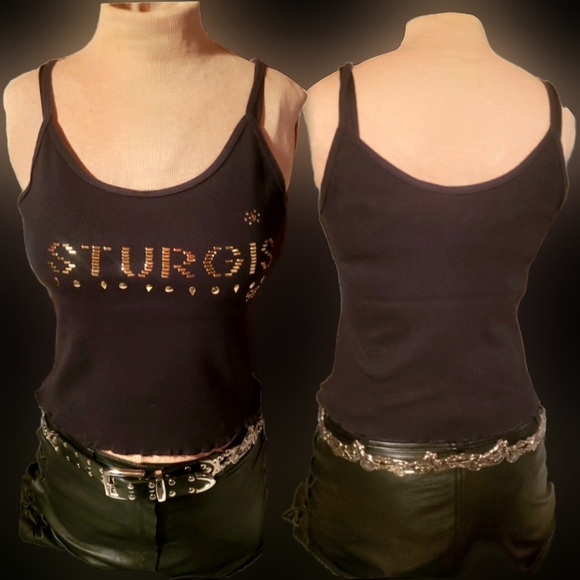 Vtg 90s black High Fever Sturgis 98 gold sparkle bead graphics tank L/XL NWOT - Picture 1 of 17